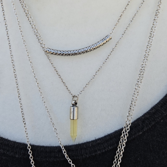 silver tone layered necklace boho feather rhinestone - Picture 4 of 5